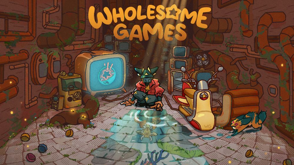 Key art for the Wholesome Games Celebration. It depicts a futuristic figure looking at their fantastical reflection in a puddle.