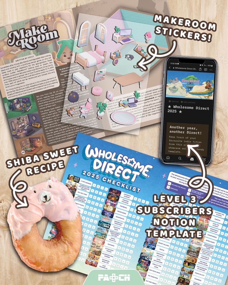 Image highlighting features from the July 2025 issue of Patch Magazine, including a Shiba Sweet–inspired recipe, MakeRoom stickers, and a Notion template for tracking games from Wholesome Direct.