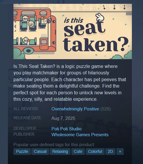 A screenshot from the Is This Seat Taken? Steam page displaying 526 positive reviews and the following description:  Is This Seat Taken? is a logic puzzle game where you play matchmaker for groups of hilariously particular people. Each character has pet peeves that make seating them a delightful challenge. Find the perfect spot for each person to unlock new levels in this cozy, silly, and relatable experience.