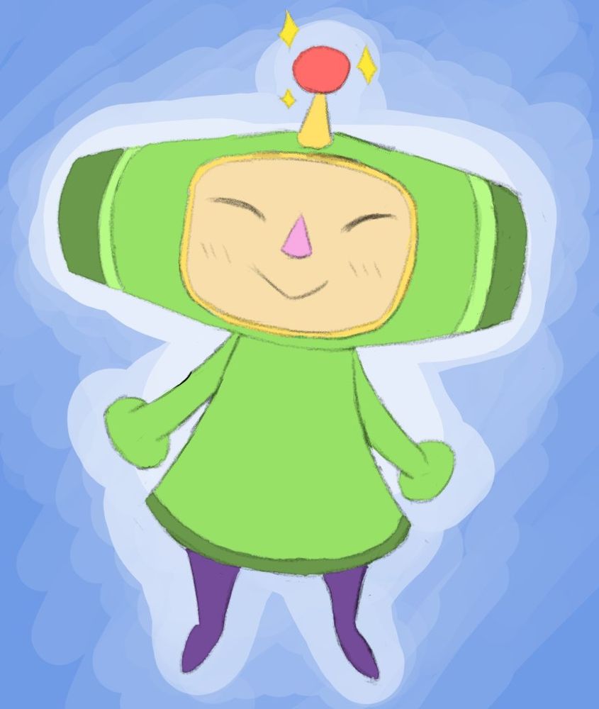 A drawing of the prince of all cosmos from katamari damacy. He is a small character with a rectangular head, short green dress, purple pants, and a yellow antenna with a red ball on top. In my drawing he is smiling while standing at the camera against a blue background.