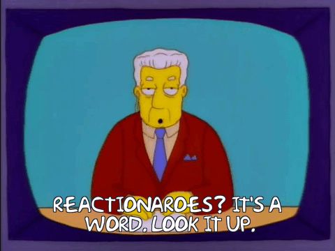 A gif of simpsons news anchor Kent Brockman saying the word “reactionaroes”