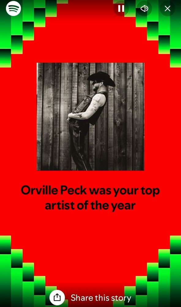 A screenshot from Spotify showing Orville Peck as my top artist of the year.