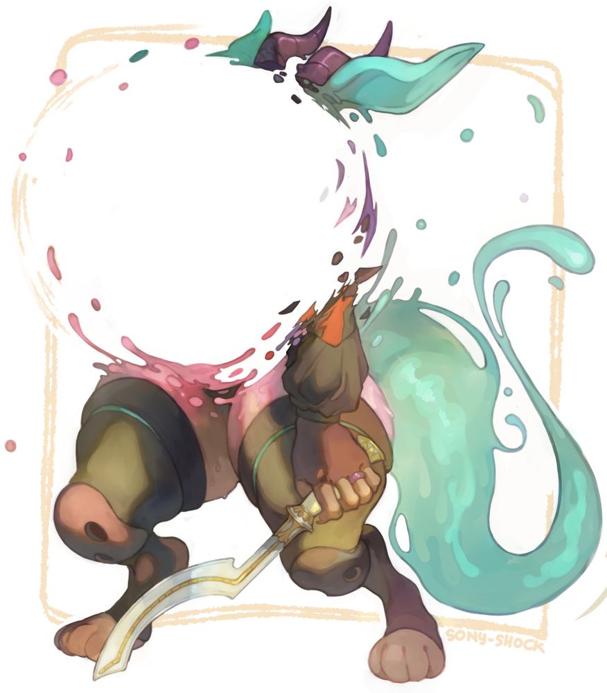 Synthetic slime creature standing at a 3/4 view. She has long bright blue ears with two synthetic horns between them. Her hair, portions of her jacket, thighs, and forepaws are a soft purple. Everything from a portion of her ears & horns down to the top of her legs is missing, blasting outwards with liquid fragments. (This is visibly a fatal injury.) Her only visible forepaw has a wedding ring upon them. Her left paw is carrying a gold decorated white bladed khopesh, everything from the elbow up is missing. Her robotic legs are hunched down some. Everything stands where it was in the previous image as if the shot is the exact fraction of a section most of her top half was obliterated. Her slime tail cascades down and then waves up in the shape a tail would be but the liquid is splashing with energetic waves. The background is a roughly shaped golden rectangle and the artist's signature sony-shock in the bottom right corner.