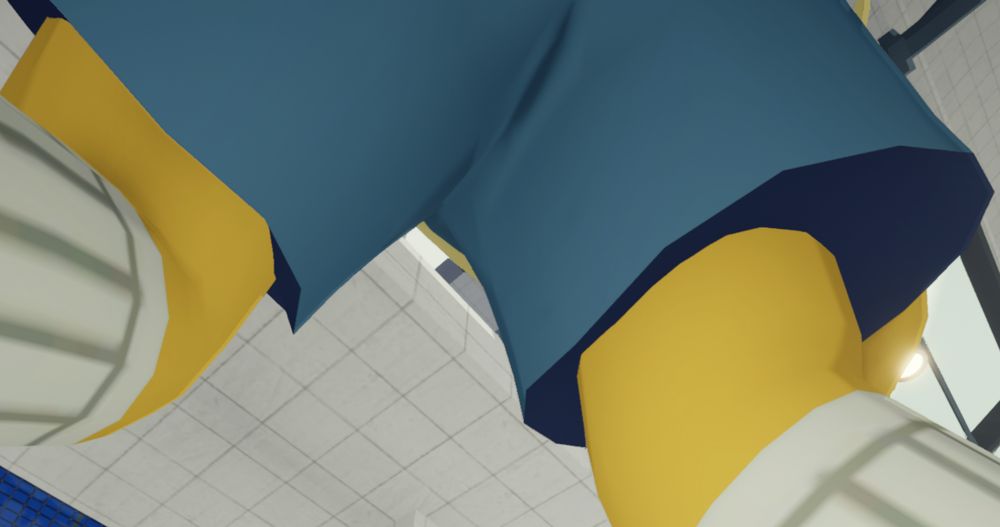 shot from below a character in peak. Shot in the Airport Lobby. Character has blue shorts, yellow legs, and knee-high white socks.