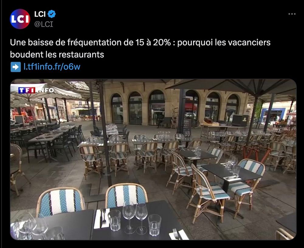 Capture d'écran d'un post X de LCI s'interrogeant sur les causes de la baisse de fréquentation de 15 à 20% des restaurants cet été.
La photo montre une terrasse de restaurant totalement vide.