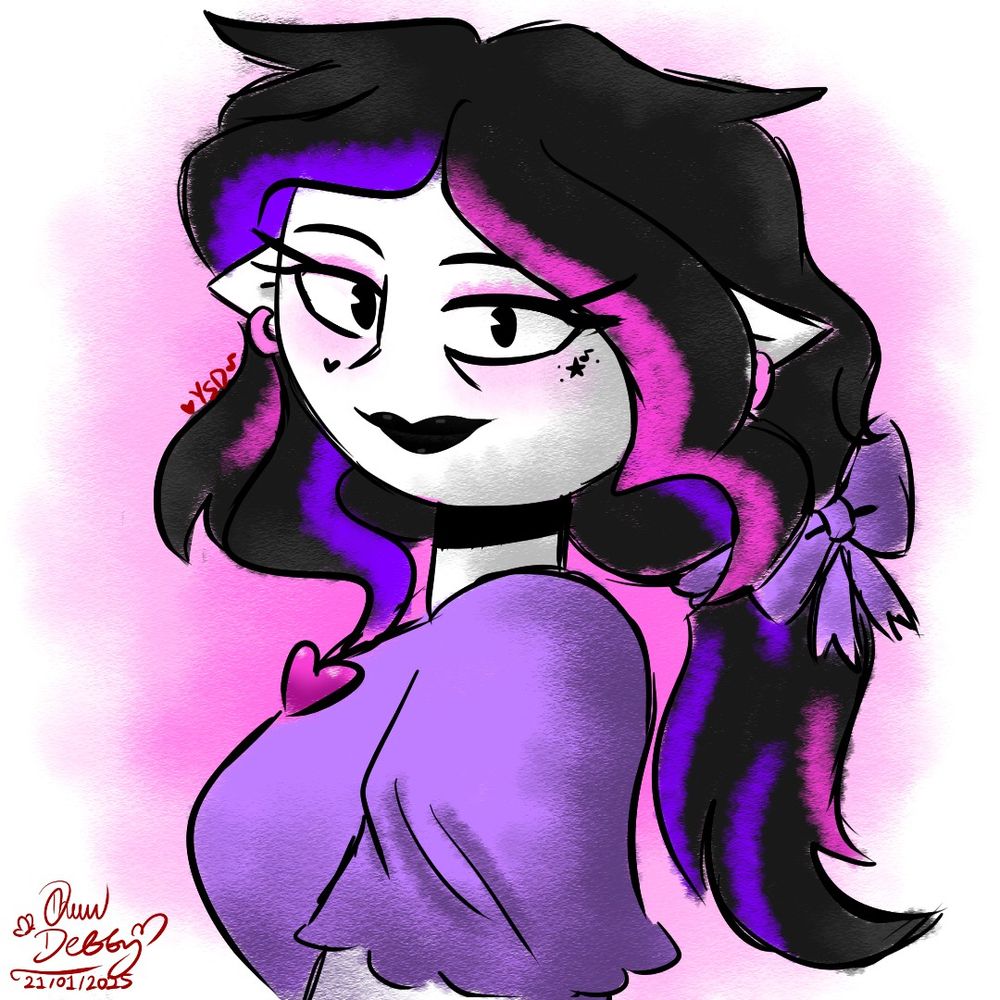 Beauyiful woman named Debz Darling Arzona who wearing a light violet dress. Her hair is Black with Pink and Violet hairlight. Her hair is ponytail. She is smile.
