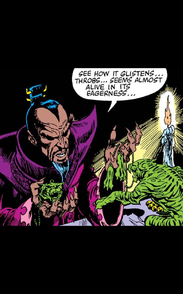 Comic panel from Power Man and Iron Fist Issue 74. An Asian man holding several amulets speaks towards a jade tiger statue. "See how it glistens... throbs... seems almost alive in its eagerness..." 