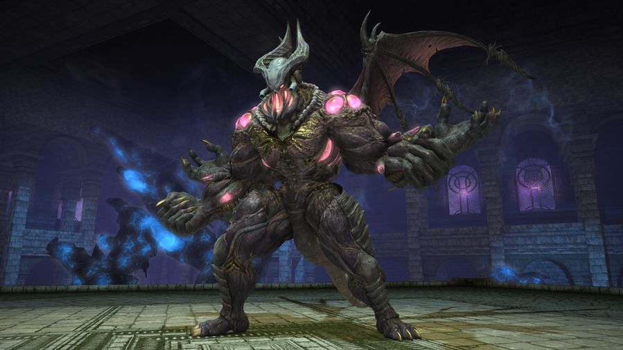 Ein Final Fantasy 14-Screenshot aus der Entwicklungsphase, auf dem ein vierarmiges, aufrecht stehendes Monster mit Hörnern und einem einzelnen dämonenartigen Flügel abgebildet ist. 