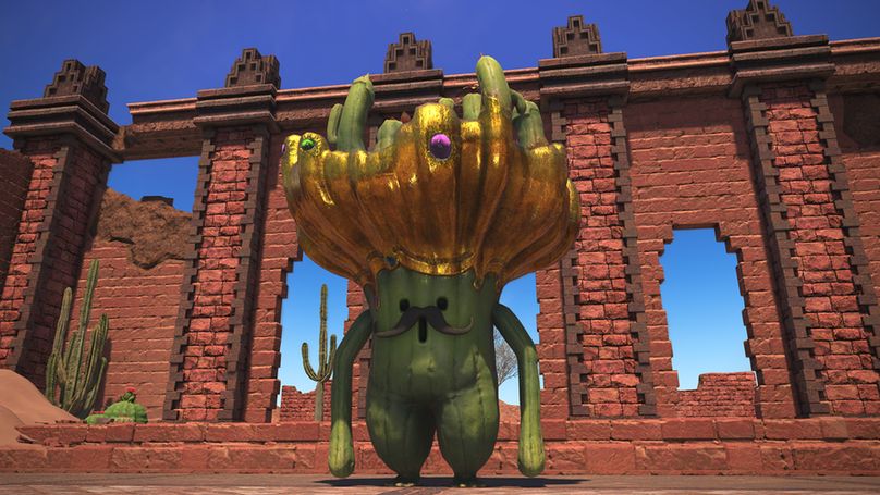 Ein Final Fantasy 14-Screenshot aus der Entwicklungsphase, auf dem ein vergoldeter Riesenkaktor mit Schnurrbart zu sehen ist. Im Hintergrund befindet sich eine Wand aus rotem Stein.  