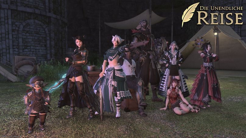 Ein nächtlicher Final Fantasy 14-Screenshot einer Gruppe von Spielenden im Basislager des südlichen Kreszentias. Die Gruppe posiert mit entschlossen verschränkten Armen, in die Hüften gestemmten Fäusten und gezückten Waffen und wirkt bereit zum Aufbruch.