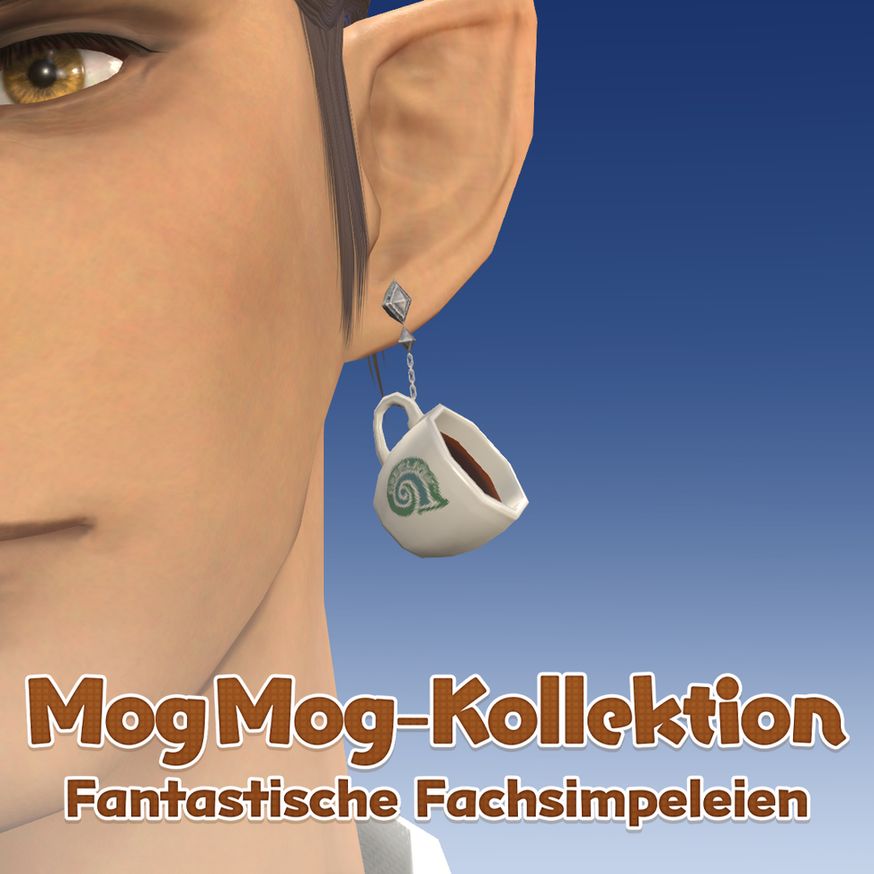Ein Final Fantasy 14-Screenshot, der eine Nahaufnahme des neuen Kaffeebecher-Ohrrings aus der Mog Mog-Kollektion zeigt. Es handelt sich um eine kleine weiße Tasse mit silbernem Kettchen und einem Aufdruck des Symbols für Alt-Sharlayan.  