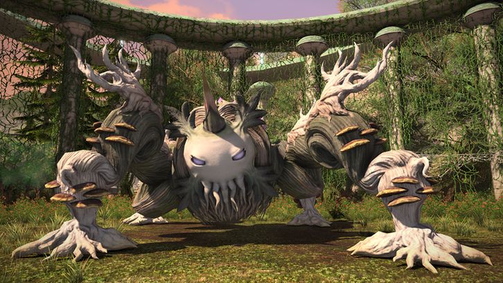 Ein Final Fantasy 14-Screenshot aus der Entwicklungsphase, der ein aus Baumwurzeln und Ranken bestehendes und von Pilzen überzogenes Monster inmitten einer überwachsenen Ruine zeigt.