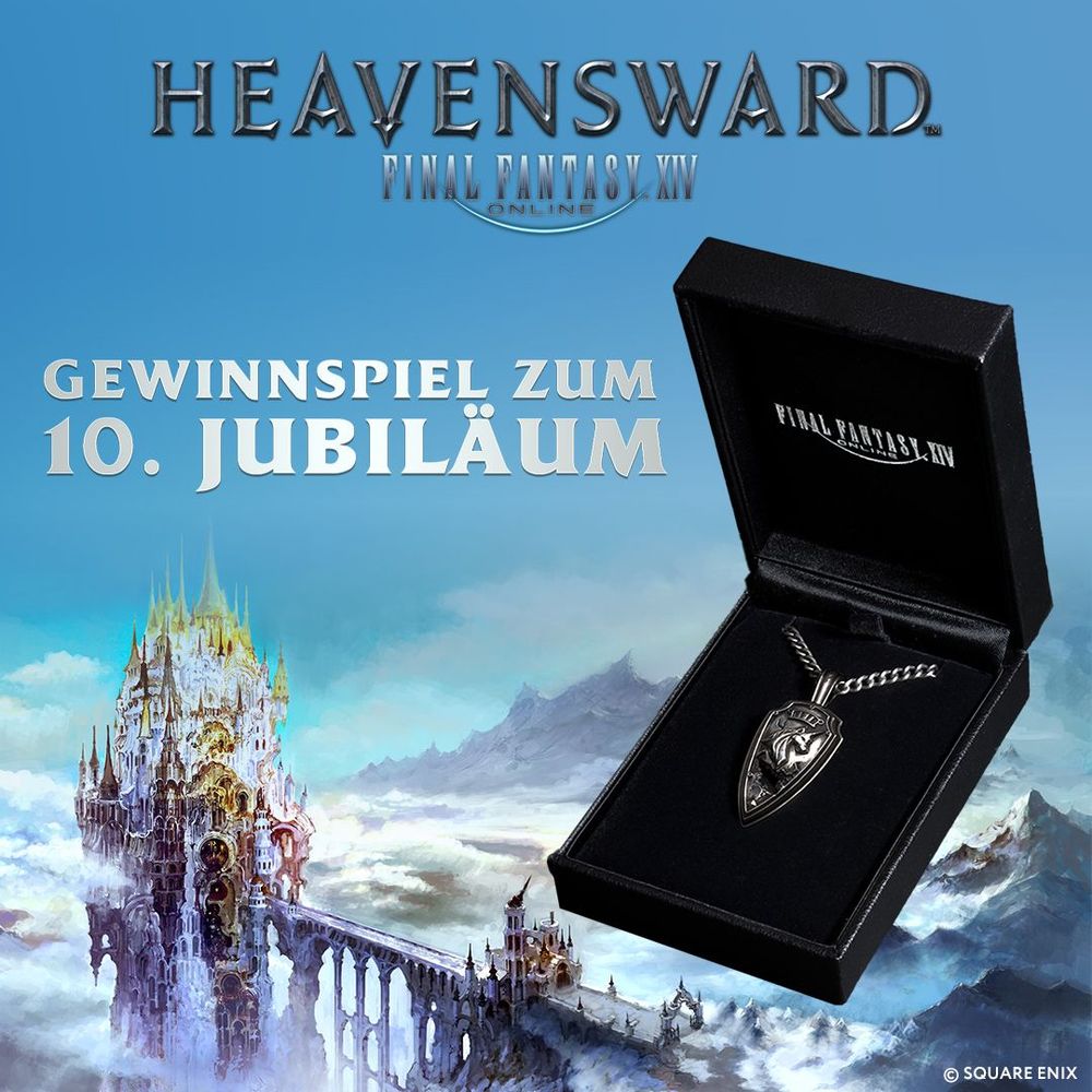 Ein Final Fantasy 14-Banner mit dem Heavensward-Logo und folgendem Text: Gewinnspiel zum 10. Jubiläum. Im Hintergrund ist eine Illustration Ishgards zu sehen und im Vordergrund befindet sich eine Schatulle mit dem Silberanhänger „Wahre Freundschaft“, der Haurchefants Schild nachempfunden ist. 