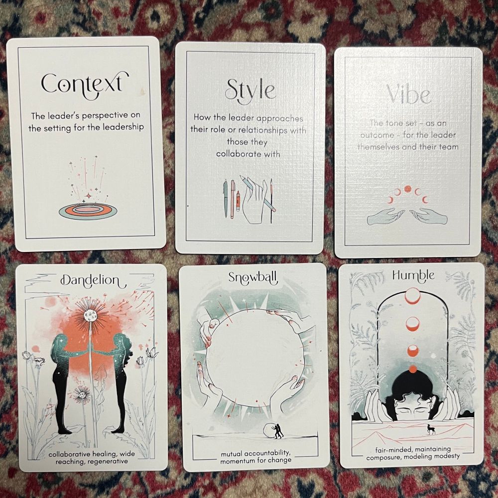 
Six cards are shown from the Leadership Tarot deck. The text on the six cards is as follows in order from top left to bottom right. 
Context - the leader’s perspective on the setting for the leadership 
Style - How the leader approaches their role or relationships with those they collaborate with 
Vibe - The tone set - as an outcome - for the leadership themselves and their team
Dandelion - collaborative healing, wide reaching, regenerative
Snowball - mutual accountability, momentum for change
Humble - fair-minded, maintaining composure, modeling modesty