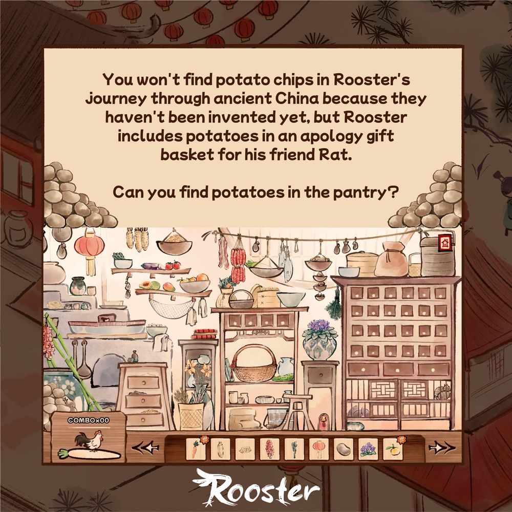 In the first image, under a picture of an orange bowl of potato chips and an illustration of chopsticks, dark brown text says, "Rooster's writer/narrative designer, Deb, admits to being a serious chip lover but doesn't like dirty fingers when snacking. The solution? Chopsticks!" The background features orange silhouettes of ancient Chinese buildings, trees and clouds. The Rooster brushstroke logo is at the bottom.