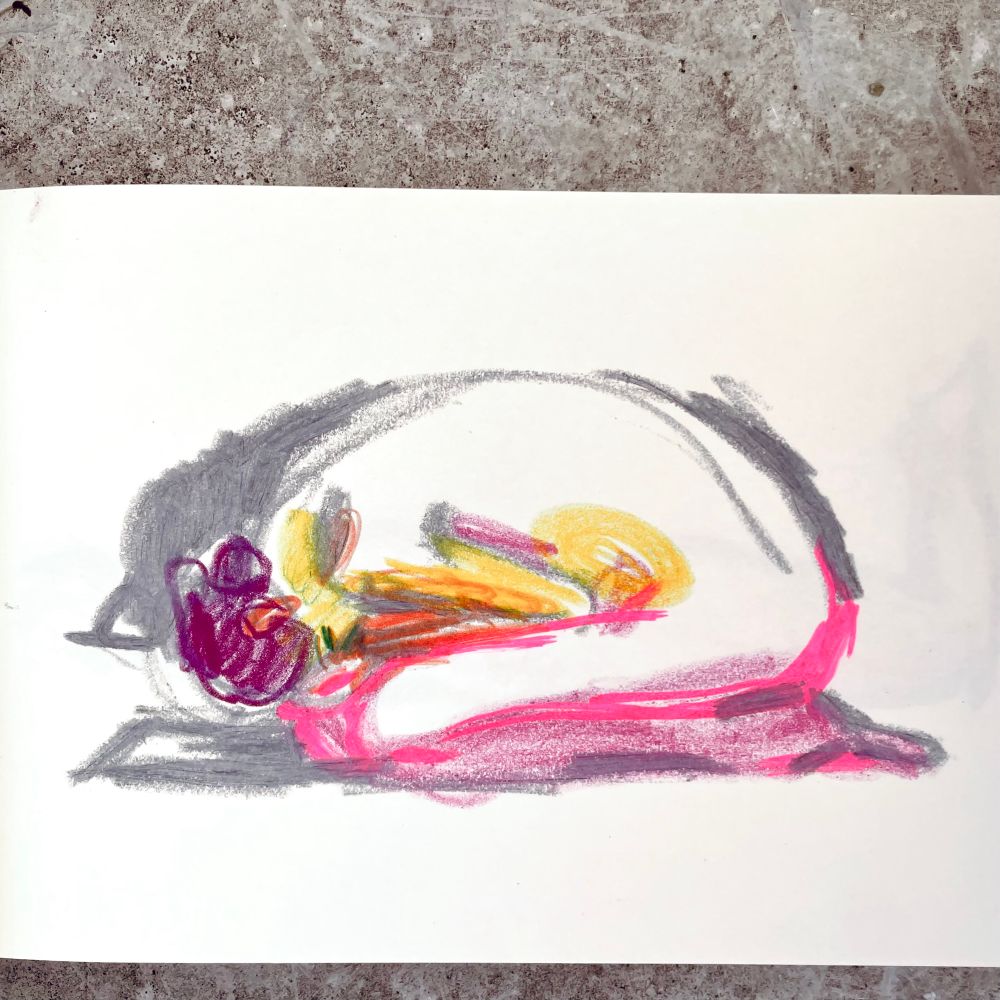 A colorful sketch of a female nude model, lying on the floor in a pose that resembles the fetal position, facing left. 