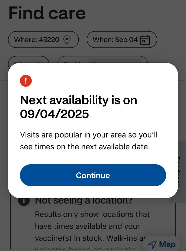 Screen shot of CVS vaccine scheduler website saying next availability is 9/4/2025 because “visits are popular in your area” 