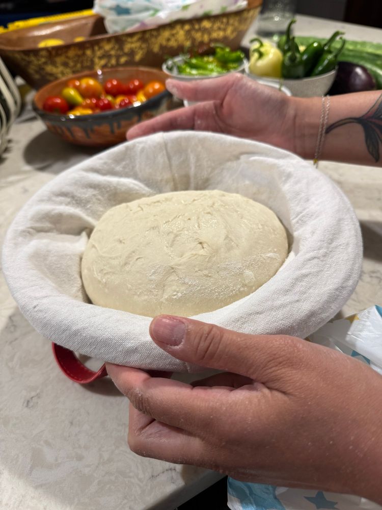 A sourdough dough in a proofing basket.
