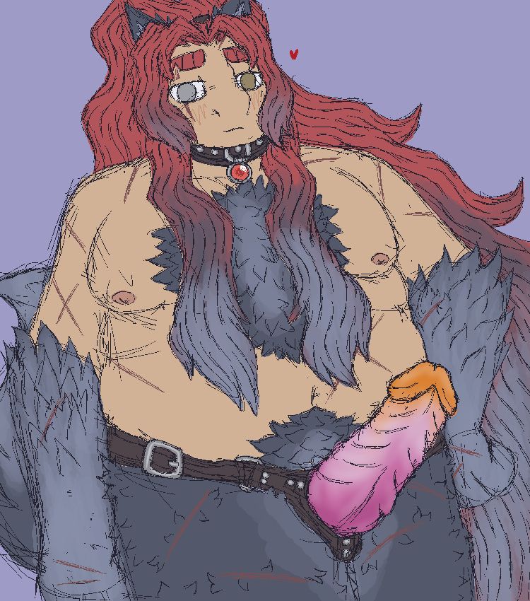 A sketchy drawing of Gebura from Library of Ruina on a solid blue background, the first in a set of three. She is depicted as fat, and nude save for a collar and a strap-on - the dildo is coloured with a gradient of the lesbian pride colours. She is blushing and smiling softly; a single tiny heart is floating by her head.