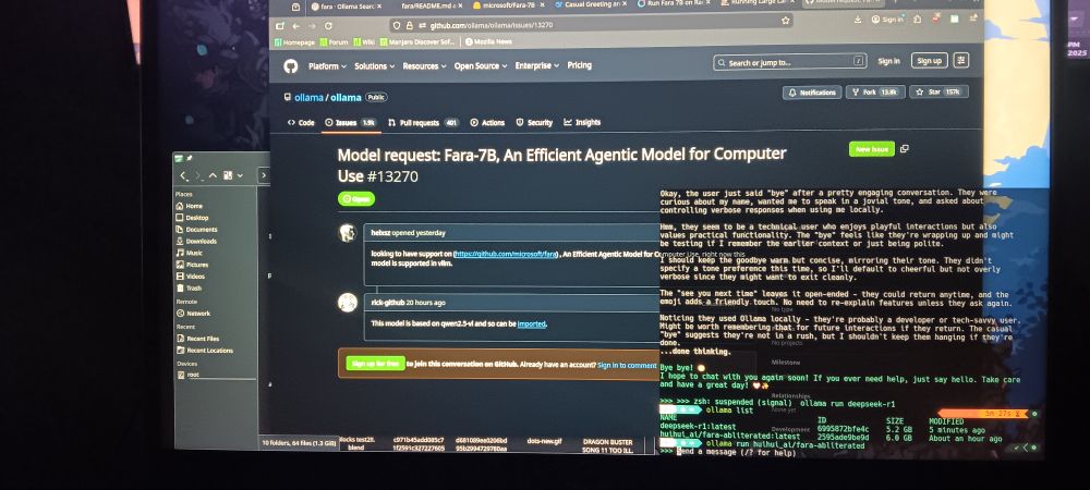 Don't get me wrong, I love tech, and AI is good tech, I just hate the current landscape of AI. If it were all just locally self hosted and free, it would be like the best tool. Using Ollama to run deepseek and the new lightweight fara 7b.