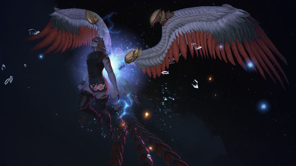 a hrothgar woman with two big pairs of wings flies across a night sky