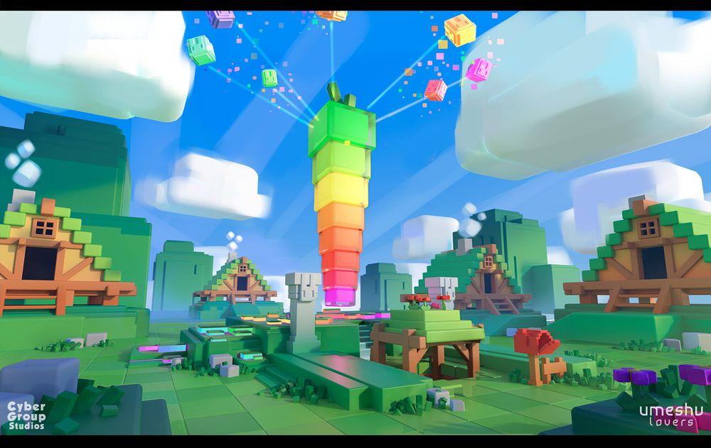 A small vilage with a giant rainbow carrot in the middle of it.