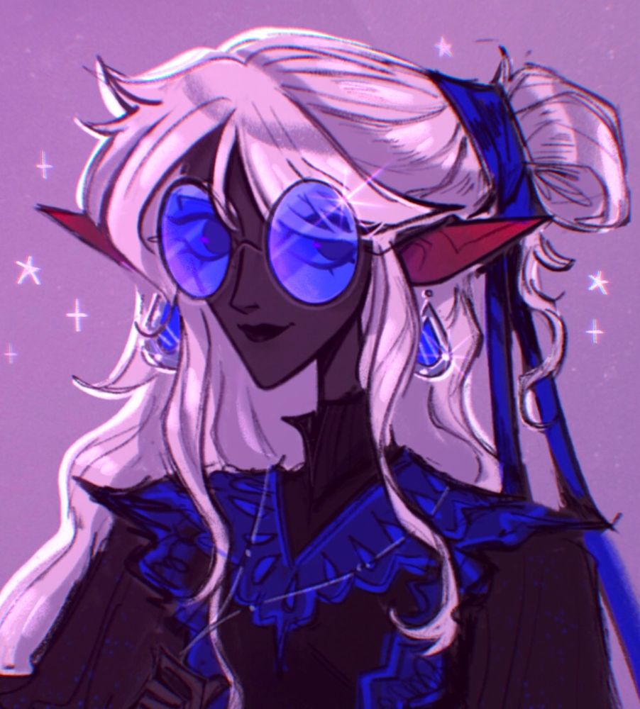U’Bane Fevren (oc), a drow elf with large blue glasses, earrings and decal on her clothes
