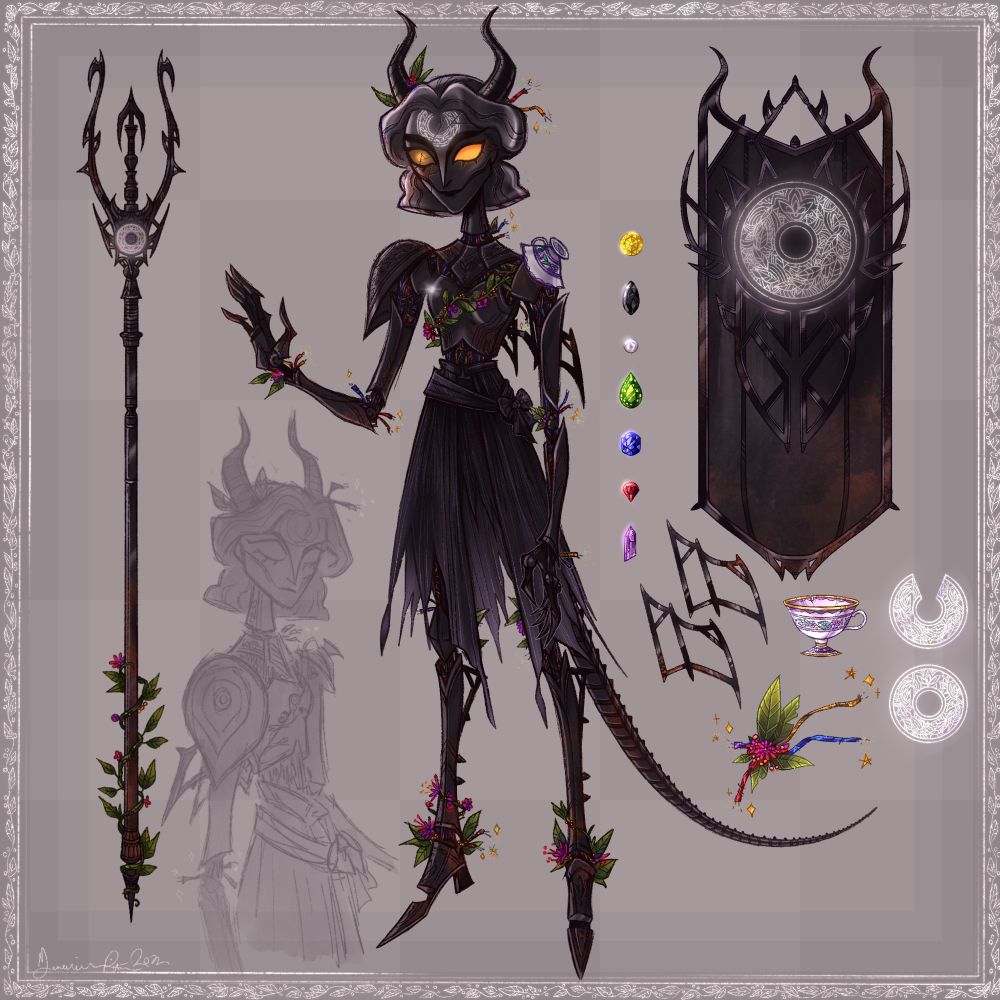 Sparkles (oc), warforged paladin of the crown. Tiefling/devil inspired look, sporting dark metal and wires/plants poking out of joints - a spear and a shield beside her and matching her design, as well as 7 colourful gems, a pair of small decorative metal wings, more wires and plants, a teacup, and the design of her weapon’s and her forehead sigil 