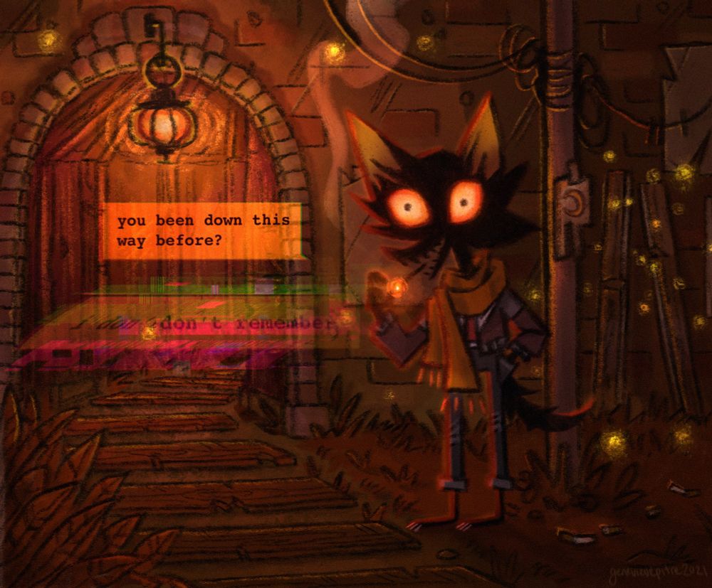 A black wolf smoking a cigarette at the entrance to a tunnel, asking “you been down this way before?” - glitched out answers underneath saying “I don’t remember” 