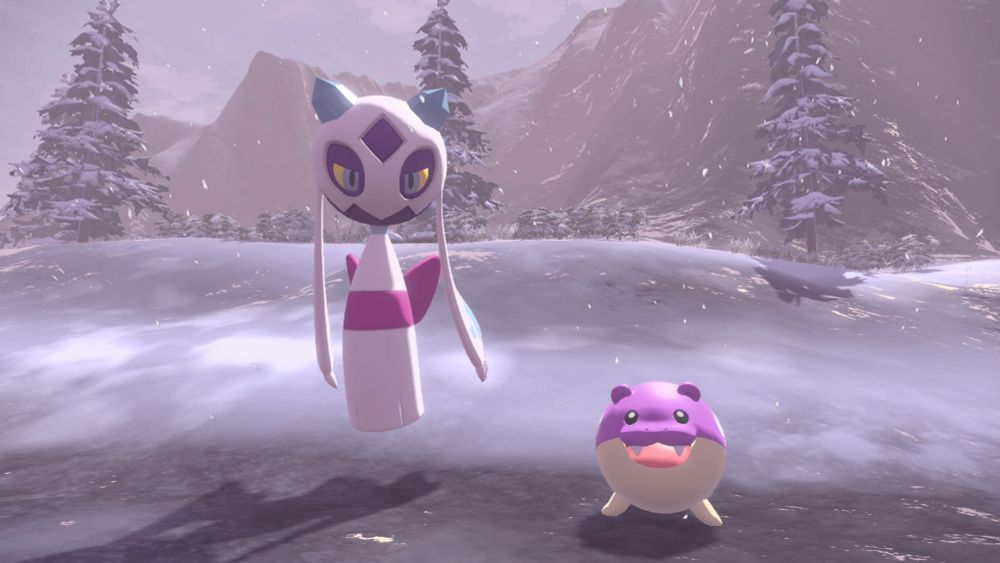 A shiny alpha Froslass and a shiny Spheal. The spheal looks happy