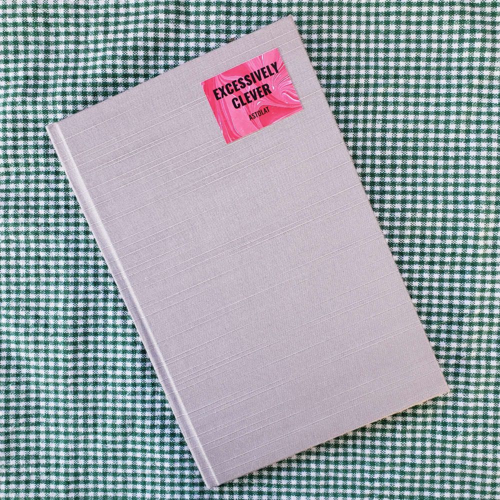 Book covered in silver Japanese bookcloth. It has a paper label made from pink marbled paper that has the title "Excessively Clever" and the author astolat printed in black ink.