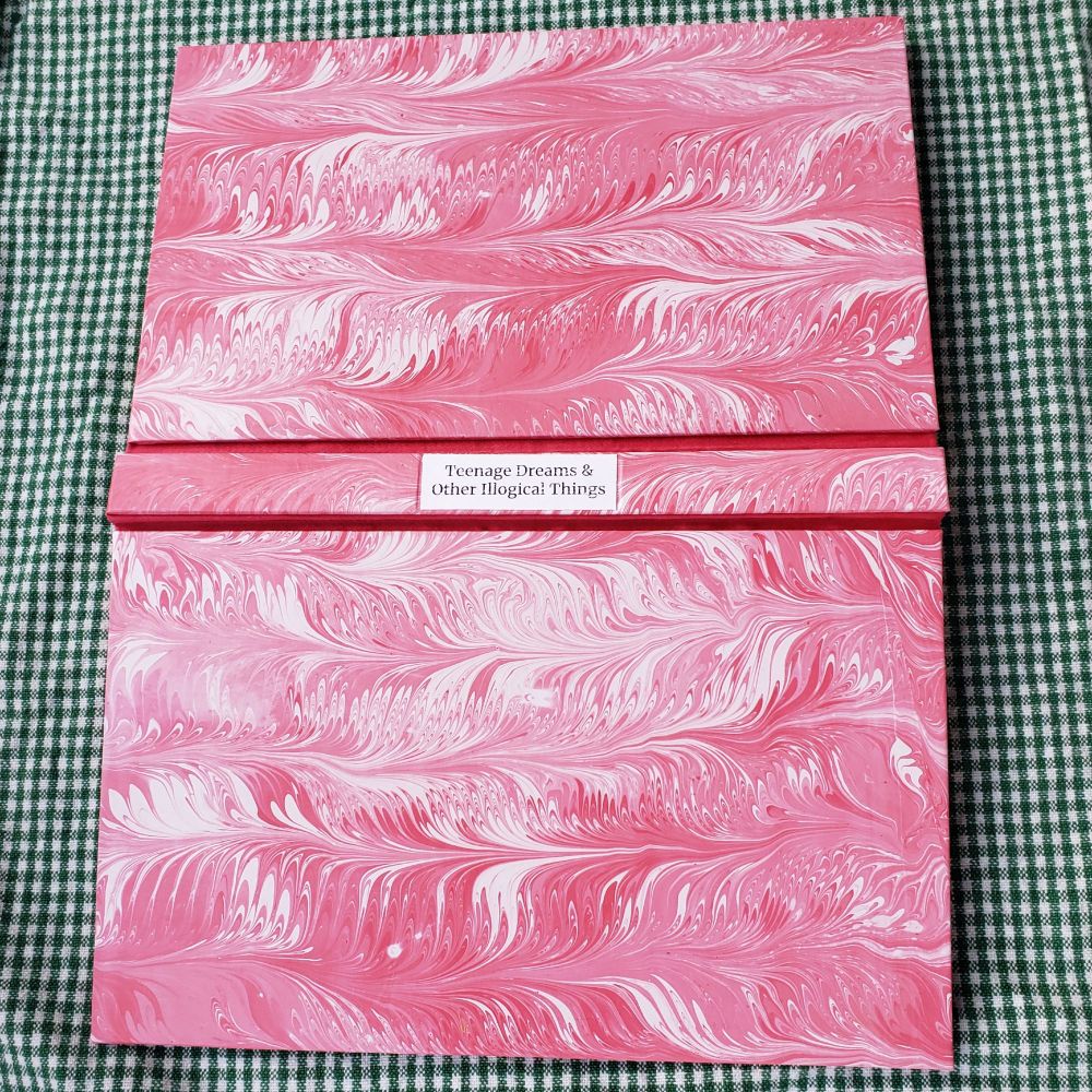 Book layer flat to show just the cover. The book cover is covered in pink marbled paper and has pink fabric for the hinges. The title of the book is glued on the spine on a paper label.