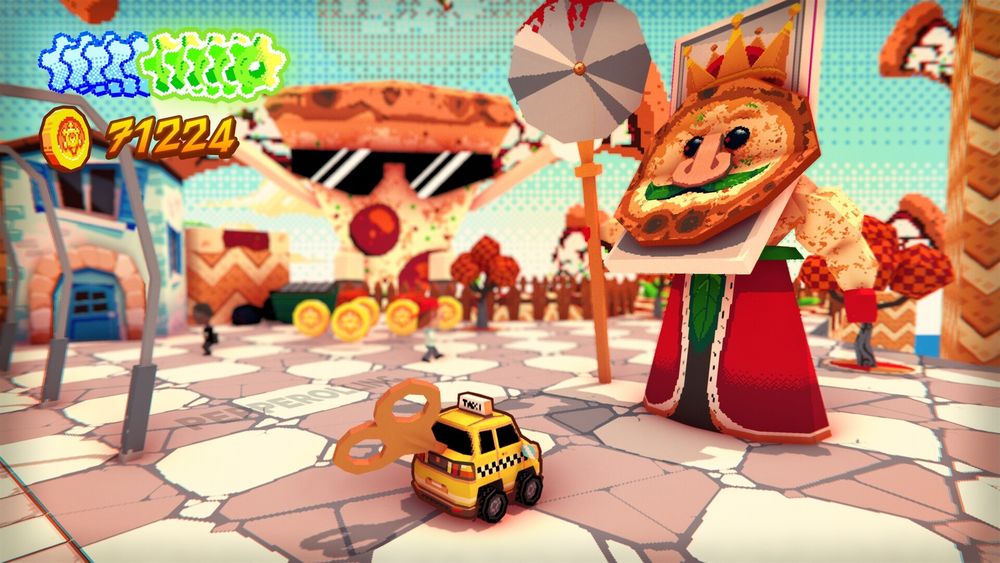 The Yellow wind-up taxi speaks to quite a kingly bipedal pizza inside of a pizza world