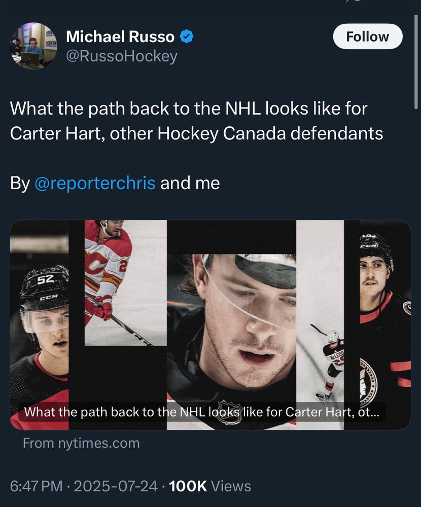 Tweet by Michael Russo.

What the path back to the NHL looks like for Carter Hart, other Hockey Canada defendants

By @reporterchris and me