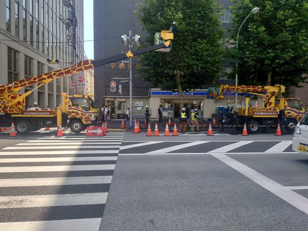 Actually vehicles for trimming trees, appearing in giraffe colours.