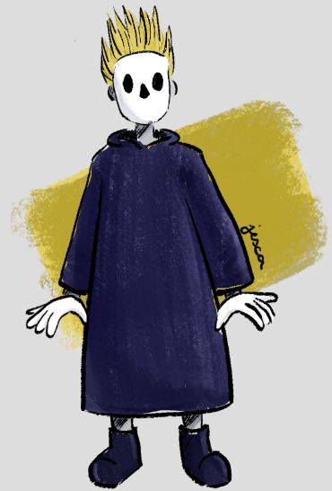 Ilustração de um mago vestindo um manto roxo, botas roxas, cabelo arrepiado para cima amarelo, luvas brancas e mascara branca com com dois pontos para os olhos e um triangulo para o nariz.