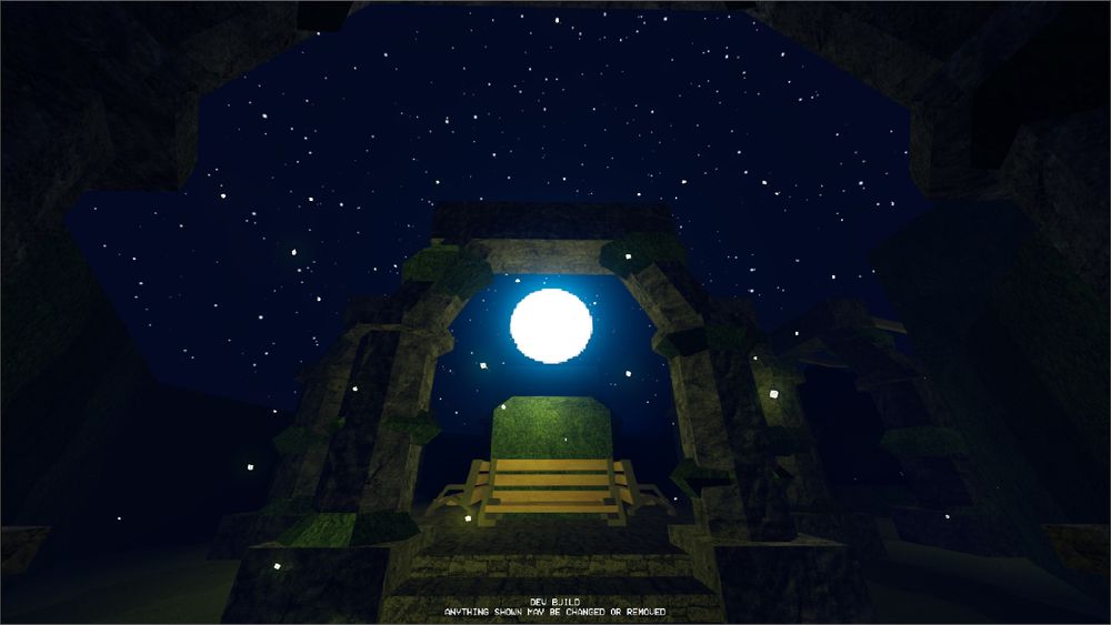 A garden with the moon showing in the distance, and there is a bunch of fireflies surrounding a bush in the center
