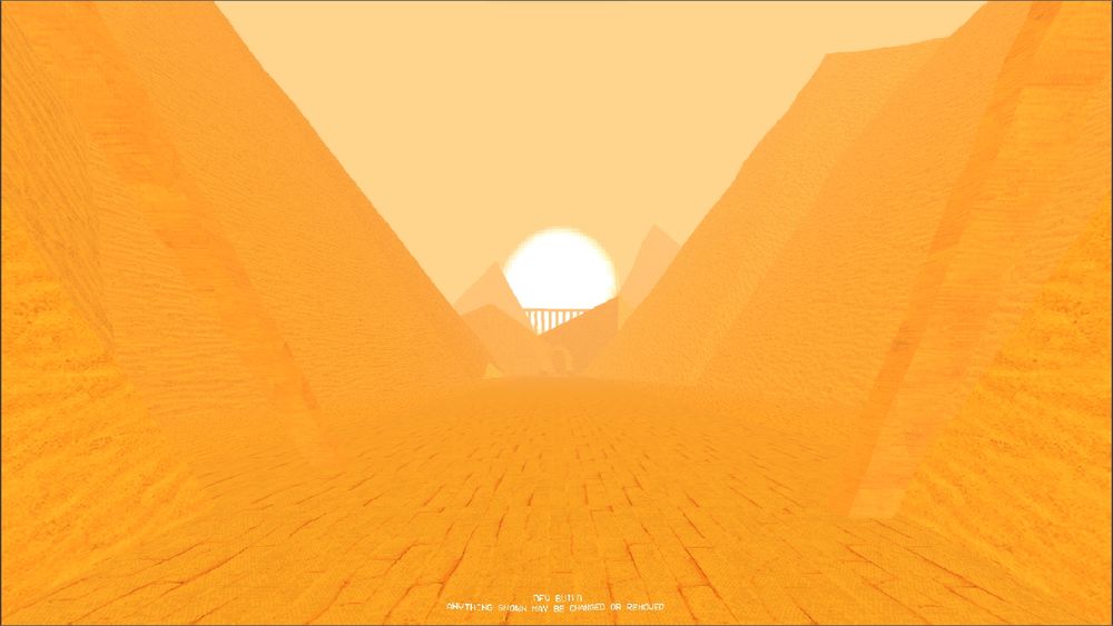 A desert with a brick pathway showing two pyramids with a bridge between them with the sun in the background