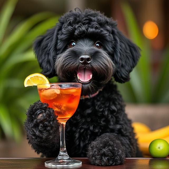 black cockapoo looking happy holding a cocktail