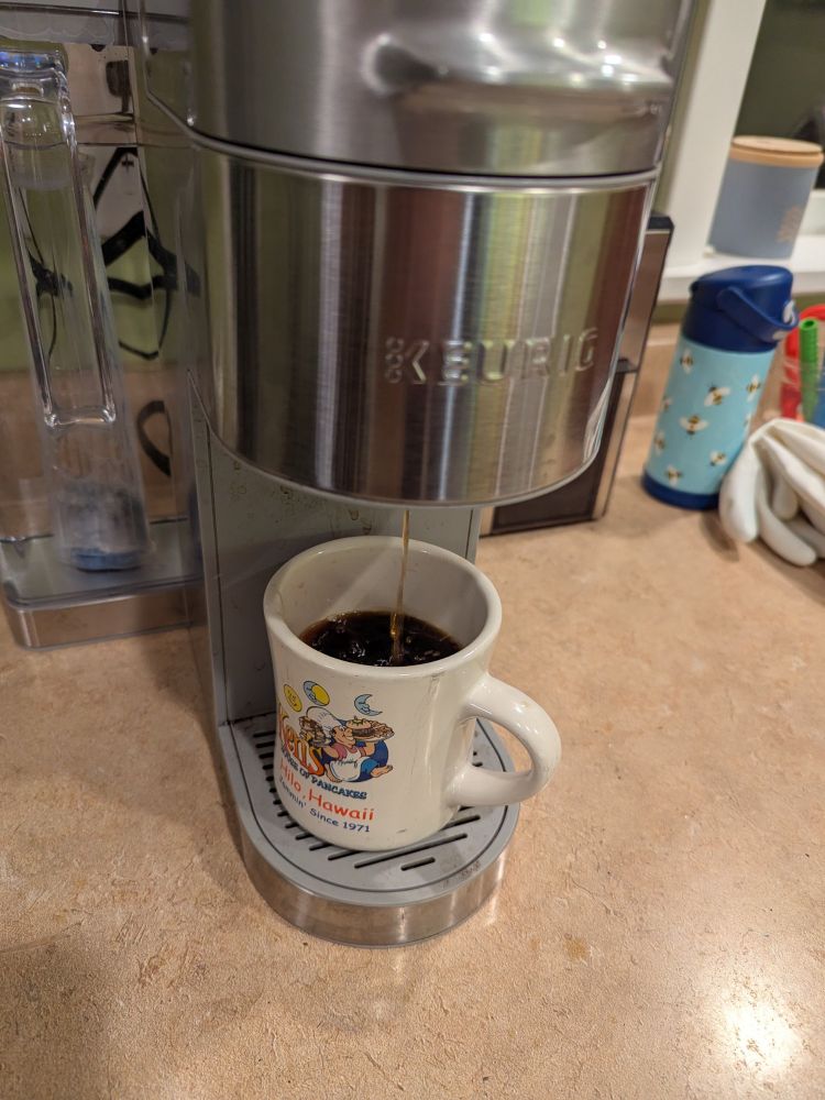 Once dead Keurig brews a cup of decaf (it's after 6 here)