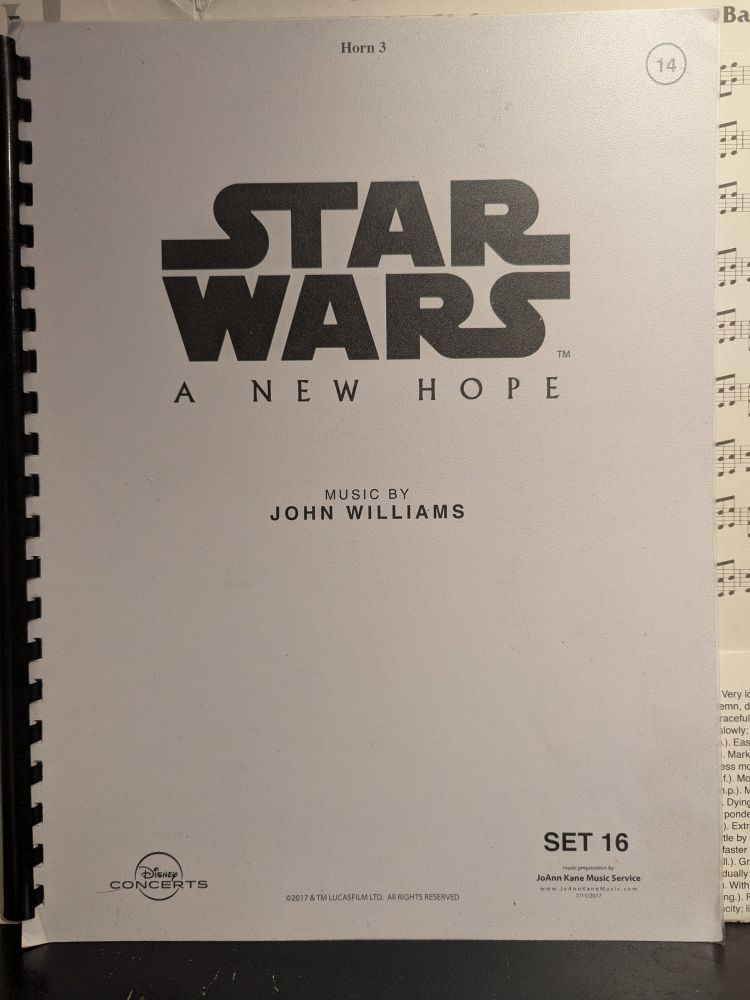 Title page of the Star Wars: a New Hope film score; 3rd Horn Part