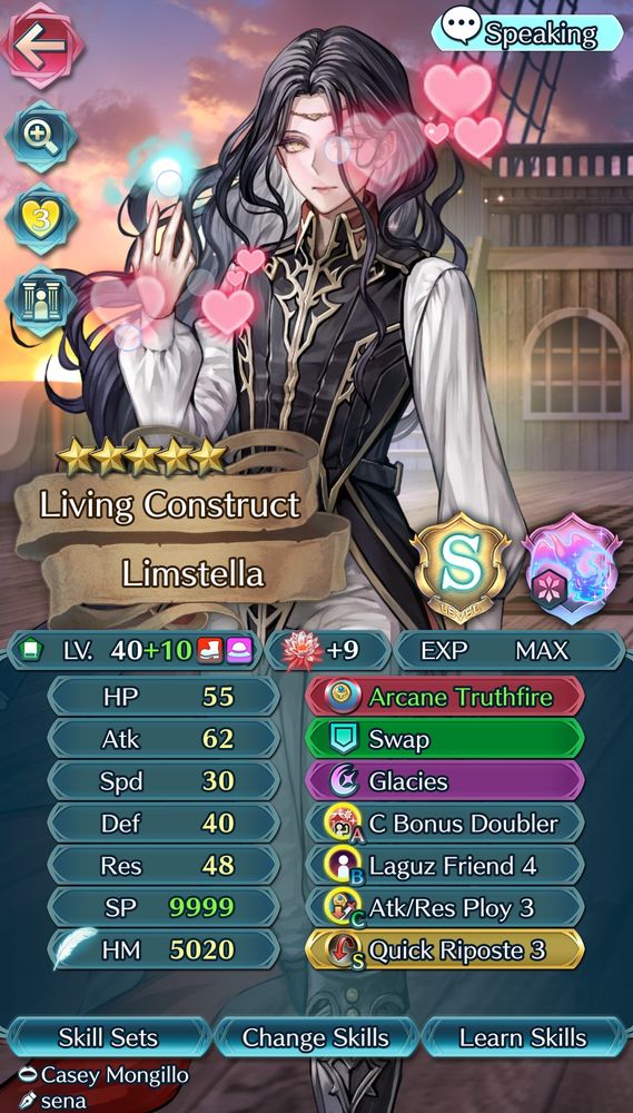 A screenshot from the mobile game Fire Emblem Heroes, focusing on Limstella: Living Construct. They have been given many premium skills like Laguz Friend & Arcane Truthfire. Many hearts surround their face from a large amount of tapping, indicating this build is real.