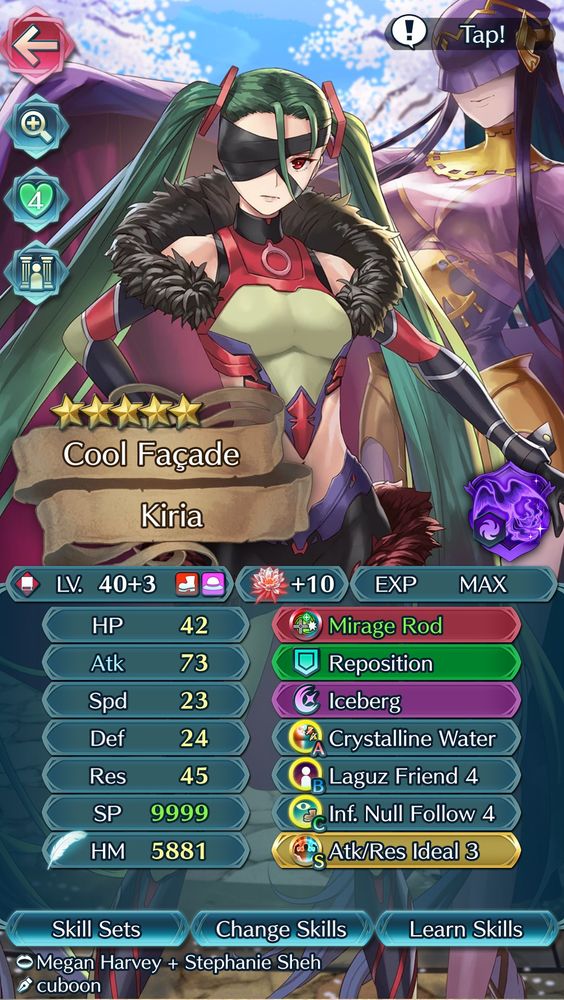 My current Kiria build. She's also got some skills that help the bulkiness like Laguz Friend, but the addition of Pulse Up Ploy & Flare that I don't have spares of and some more stat buffs from the +1 merge would be great to have.