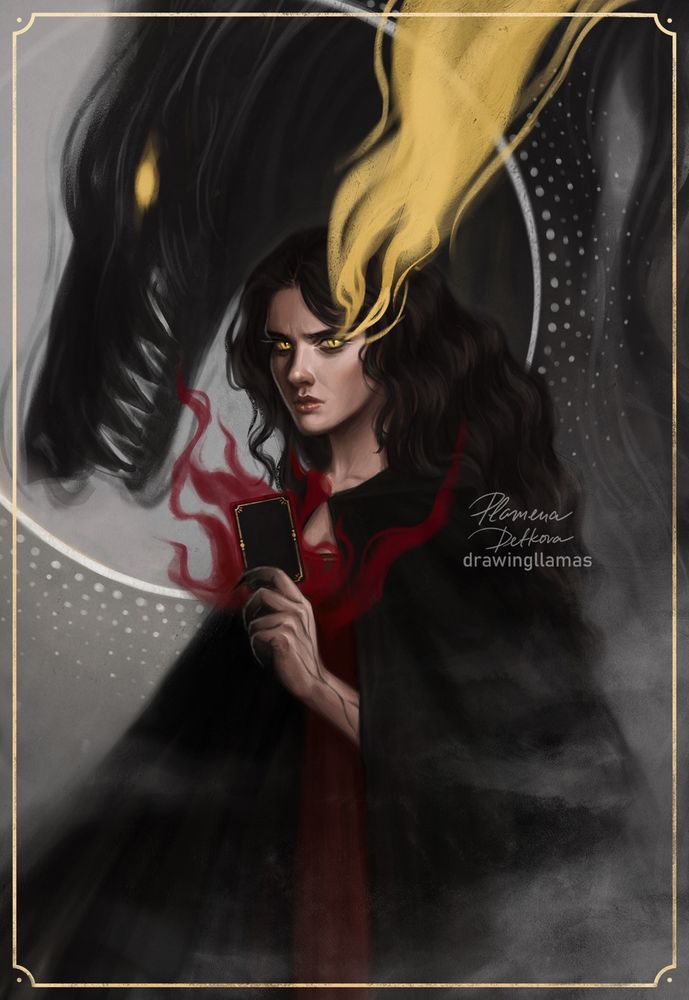 Digital illustration of a girl with long black hair and glowing yellow eyes holding a burgundy playing card. Behind her is the face of a wolf-like monster with a glowing yellow eye.