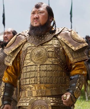Kublai Khan in full armor, preparing for battle, clip from the TV Show "Marco Polo"