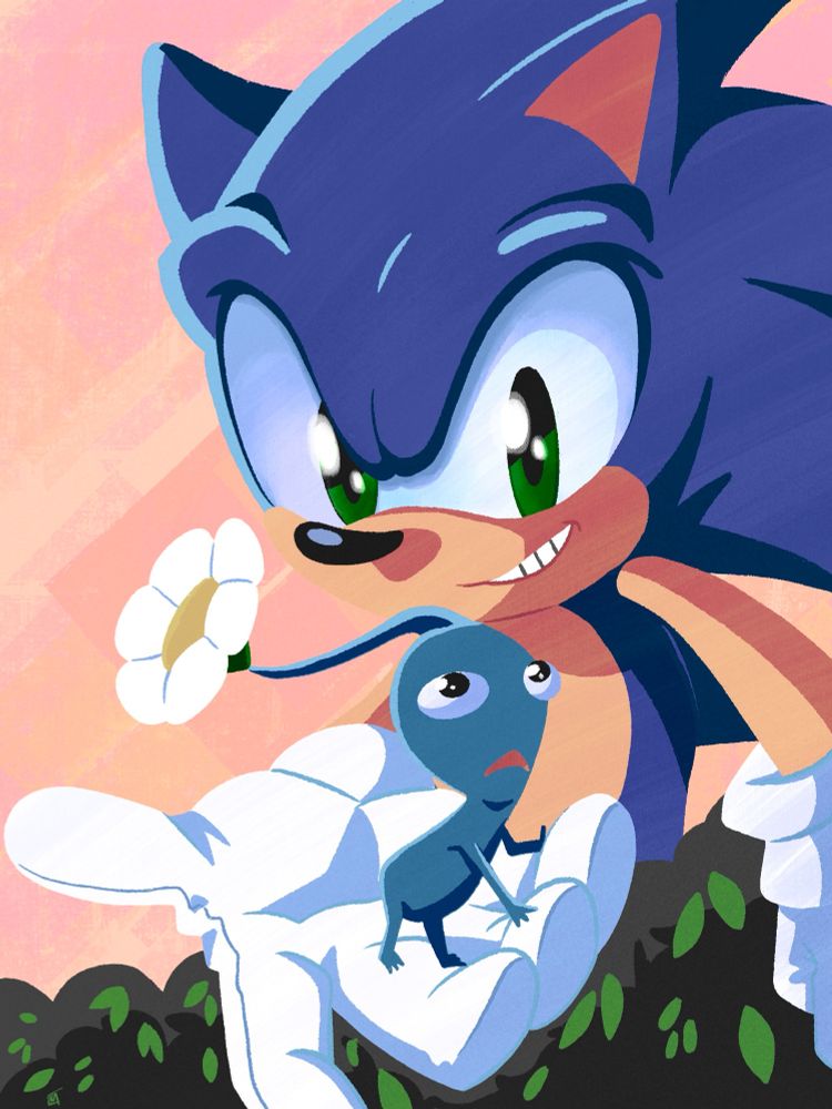 Colorful image of Sonic the Hedgehog holding a blue Pikmin 