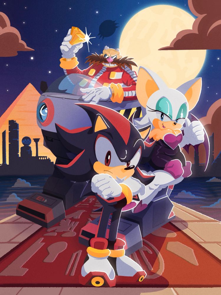 Team Dark from Sonic Adventure 2 standing in a moonlit scene. The level behind them is “Sand Ocean” from SA2.