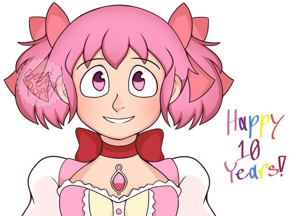 Artwork of Madoka Kaname, the main character of Madoka Magica.

She has fair skin, round pink eyes, and pink hair that is tied into two ponytails.

She is wearing her magical girl outfit, which consists of: two pink ribbons in her hair, one red ribbon around her neck, a pink teardrop shaped gem on her chest, a pink and yellow top with frills and a set of buttons in the middle, and two round puffy sleeves.

Madoka is looking hopefully towards the viewer, believing you can do anything!

Text says “Happy 10 Years!”
