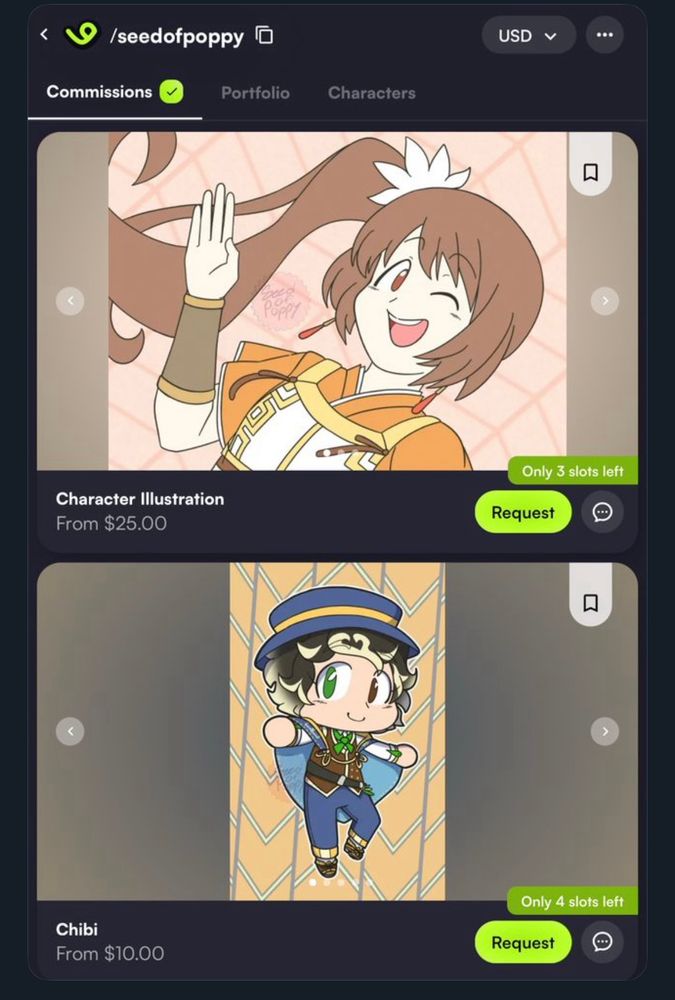 Screenshot of my VGen commission services, specifically for Character Illustrations and Chibi Illustrations. 
