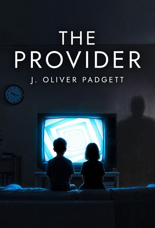 THE
PROVIDER
J. OLIVER PADGETT
Image of two children watching tv with shapes on screen in darkened room with shadow watching.
